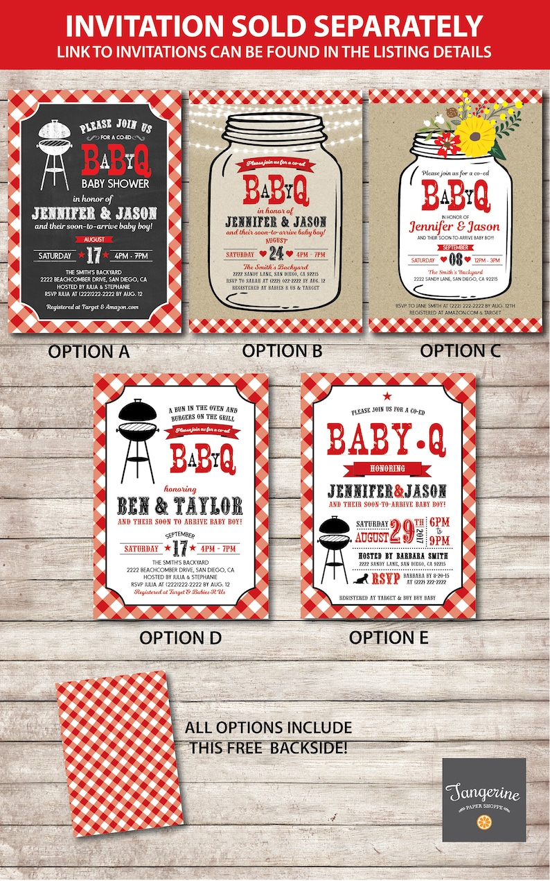 May include: Five different options for a baby shower invitation with a barbecue theme. The invitations feature a red and white gingham pattern, a grill, and a mason jar. The text on the invitations reads "Baby Q" and includes the names of the parents-to-be, the date and time of the shower, and the location. The invitations also include the RSVP information and the registry information.