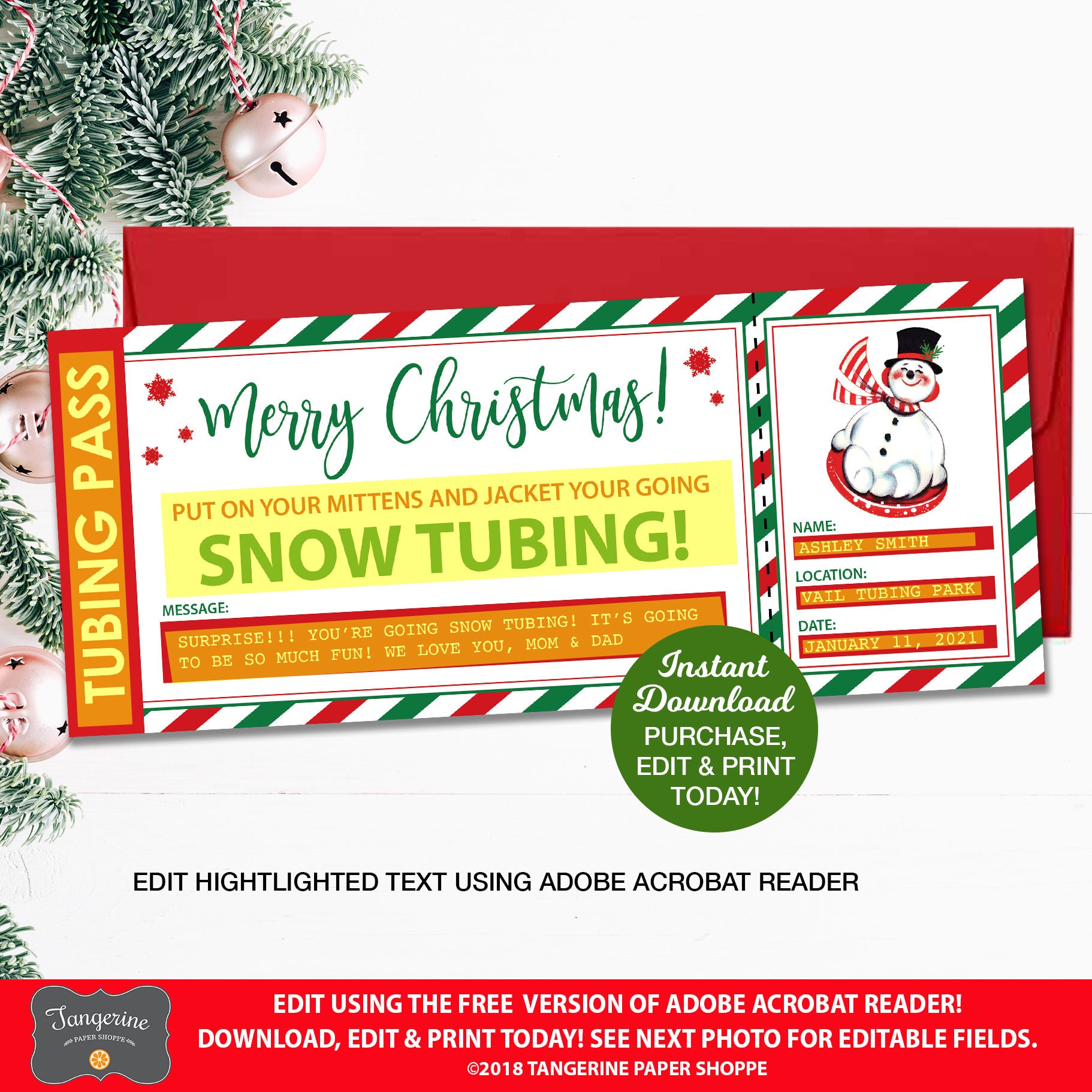 Snow Tubing Ticket Editable Christmas Gift Sledding Ticket Etsy