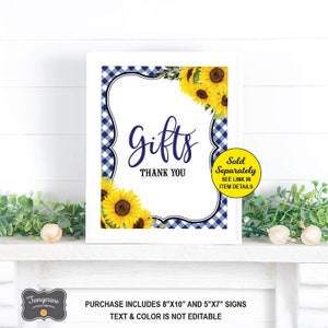 May include: A white sign with a blue and white gingham border and sunflowers. The sign says "Gifts Thank You" and "Sold Separately See Link in Item Details".
