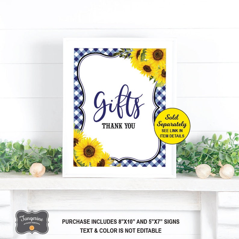 May include: A white sign with a blue and white gingham border and sunflowers. The sign says "Gifts Thank You" and "Sold Separately See Link in Item Details".