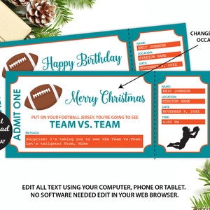 Billet de match de football, billet cadeau de football modifiable, cadeau de Noël, cadeau de football d’anniversaire, miami color, cadeau de toute occasion, billet surprise
