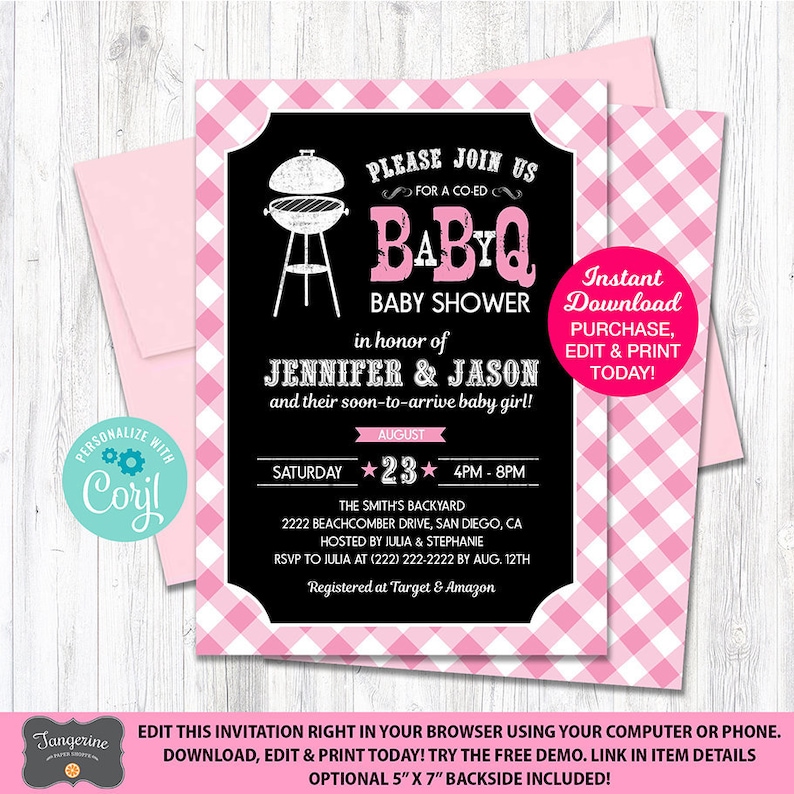 Baby Q Shower Invitation Pink, Girl BBQ Baby Shower Invitation, Couples Baby Shower Printable Pdf File, INSTANT DOWNLOAD image 1