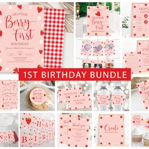 Strawberry Birthday Decoration Package, Berry First Party Decor Bundle Girl First Birthday Berry Sweet Strawberry Invitation Corjl Template