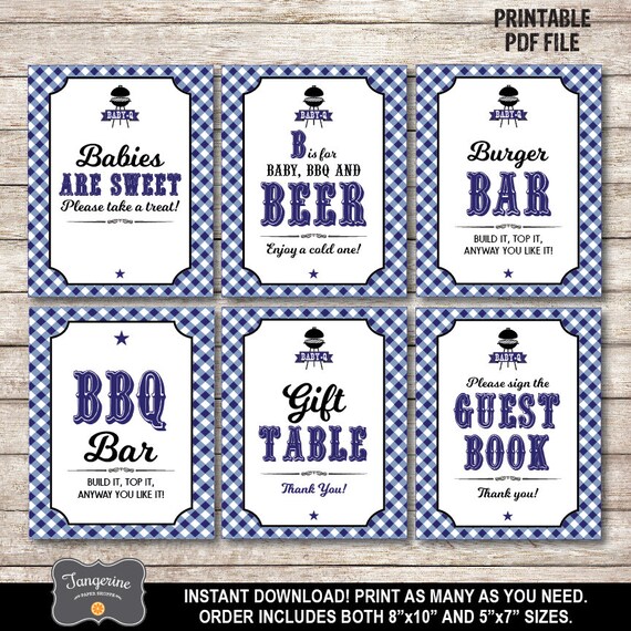 Navy Blue Baby Q Shower Signs Set Of 6 Printable Bbq Baby Shower
