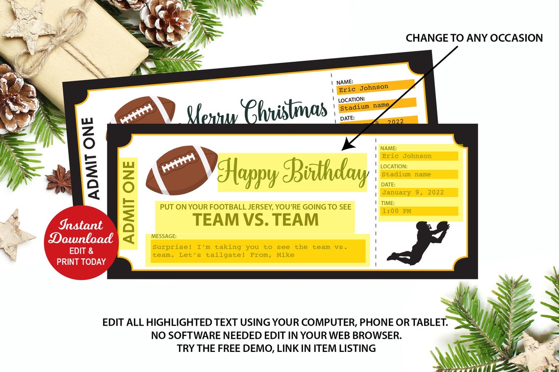 Editable Football Game Ticket Football Gift Ticket Birthday Etsy