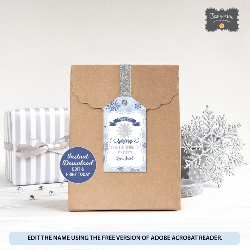 Pu&ograve; includere: Etichetta di ringraziamento a tema fiocchi di neve blu e bianchi con il testo "Grazie, tanta neve per essere venuto alla mia festa, Con affetto, Jacob".