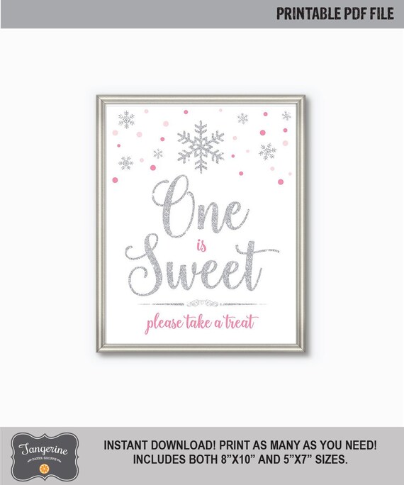 Floral blush pink and silver first birthday party sign One is sweet please take a treat table sign printable Winter onederland decorations