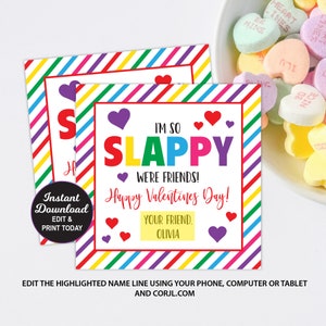 May include: Printable Valentine's Day card with a rainbow striped background. The card says "I'm so Slappy We're Friends! Happy Valentine's Day!" with a space to add a name.