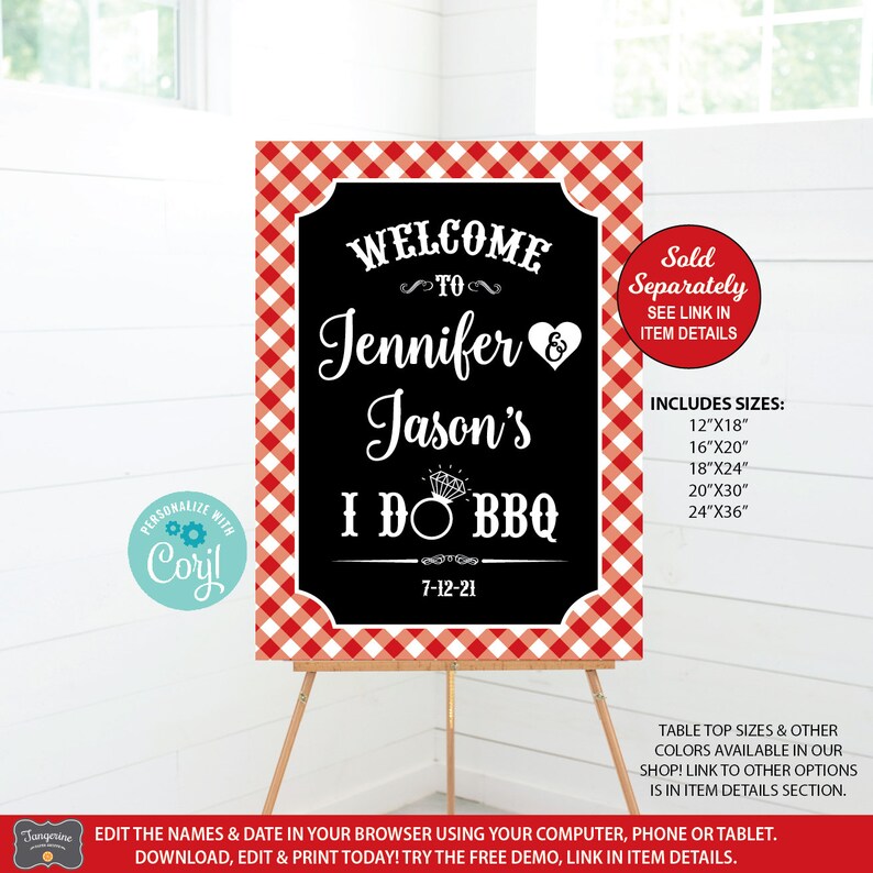 May include: A black and white welcome sign with red and white gingham border. The sign says "Welcome to Jennifer & Jason's I Do BBQ" with the date "7-12-21".