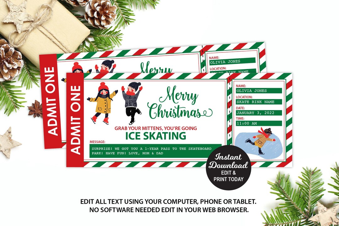 Christmas Ice Skating Ticket, Christmas Gift, Editable Ice Skating Gift