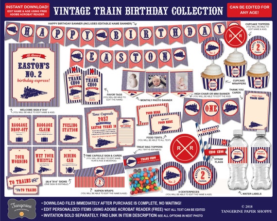 Train Birthday Decorations, Train Birthday Party Decorations, Vintage Train Decorations, Train Party, Printable PDF Files INSTANT DOWNLOAD Il_570xn