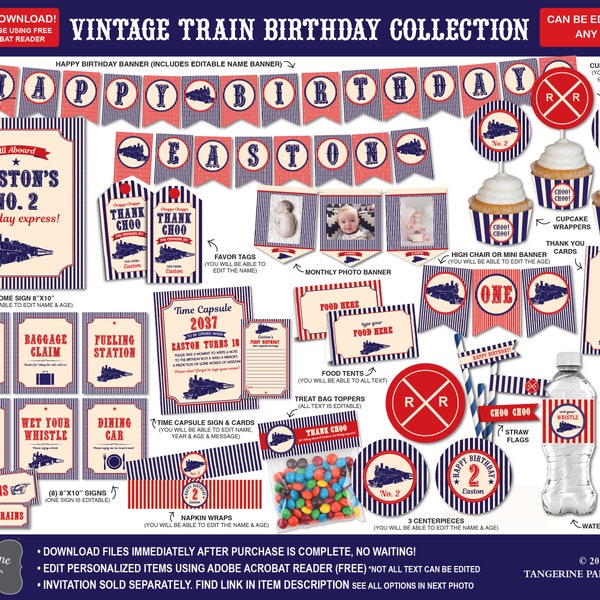 Train Birthday Decorations, Train Birthday Party Decorations, Vintage Train Decorations, Train Party, Printable PDF Files INSTANT DOWNLOAD