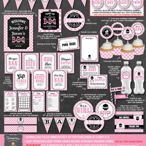 Puede incluir: Una colecci&oacute;n de baby shower rosa y negra con tem&aacute;tica de barbacoa. La colecci&oacute;n incluye una pancarta, un cartel de bienvenida, adornos para cupcakes, etiquetas para botellas de agua, etiquetas de favor, carpas para comida y mucho m&aacute;s. El texto en los art&iacute;culos dice "Baby-Q" y "Es una ni&ntilde;a".