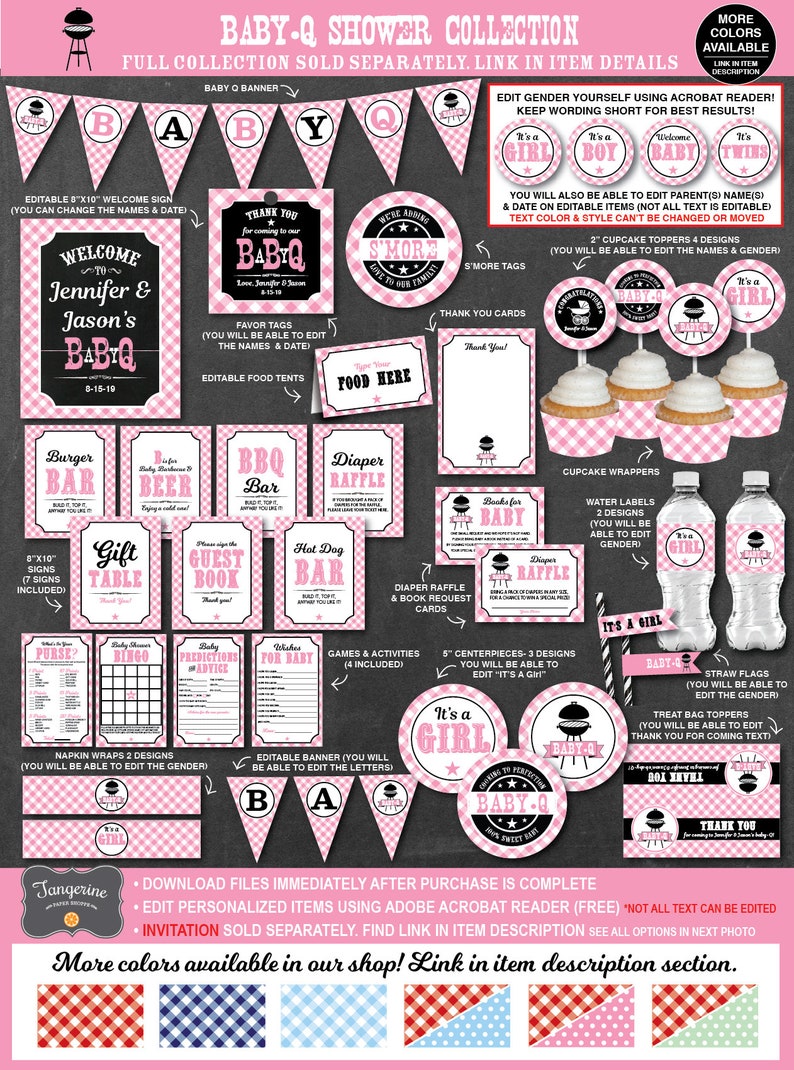Puede incluir: Una colecci&oacute;n de baby shower rosa y negra con tem&aacute;tica de barbacoa. La colecci&oacute;n incluye una pancarta, un cartel de bienvenida, adornos para cupcakes, etiquetas para botellas de agua, etiquetas de favor, carpas para comida y mucho m&aacute;s. El texto en los art&iacute;culos dice "Baby-Q" y "Es una ni&ntilde;a".