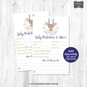 May include: Two printable baby shower game cards with a cute deer illustration and floral accents. The cards feature prompts for guests to predict the baby's birth date, weight, hair color, and more. The text on the cards reads "Baby Predictions & Advice".