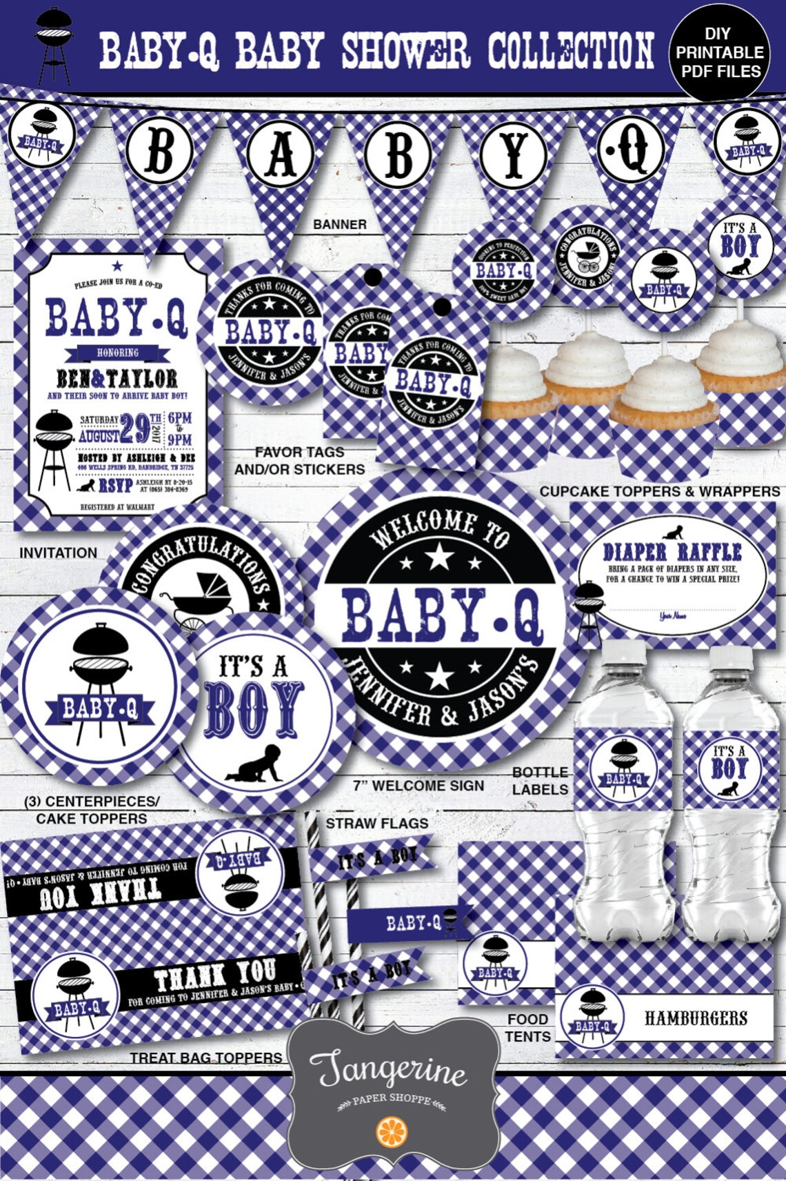 Baby Q Shower Boy Decorations Navy Blue Gingham BBQ Baby Etsy