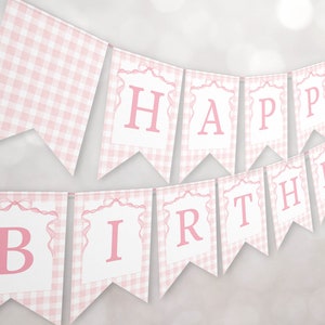 Rosa Schleife alles Gute zum Geburtstag Banner, rosa karierte Party Girlande erste 1st Party Girl Geburtstag Dekoration Instant Download
