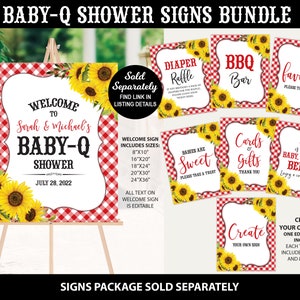 May include: A set of printable baby shower signs with a red and white gingham pattern and sunflowers. The signs include "Welcome to Sarah & Michael's Baby-Q Shower", "Diaper Raffle", "BBQ Bar", "Favors", "Babies are Sweet", "Cards & Gifts", "B is for Baby, BBQ & Beer", and "Create Your Own Sign".