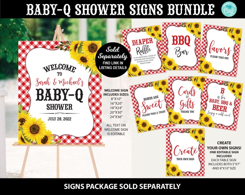 May include: A set of printable baby shower signs with a red and white gingham pattern and sunflowers. The signs include "Welcome to Sarah & Michael's Baby-Q Shower", "Diaper Raffle", "BBQ Bar", "Favors", "Babies are Sweet", "Cards & Gifts", "B is for Baby, BBQ & Beer", and "Create Your Own Sign".