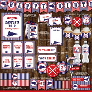 May include: Vintage train birthday party decorations printable set. Includes editable banner, welcome sign, food tents, cupcake toppers, water bottle labels, treat bag toppers, straw flags, high chair banner, and napkin wraps. All items feature a red, white, and blue color scheme with a train theme.