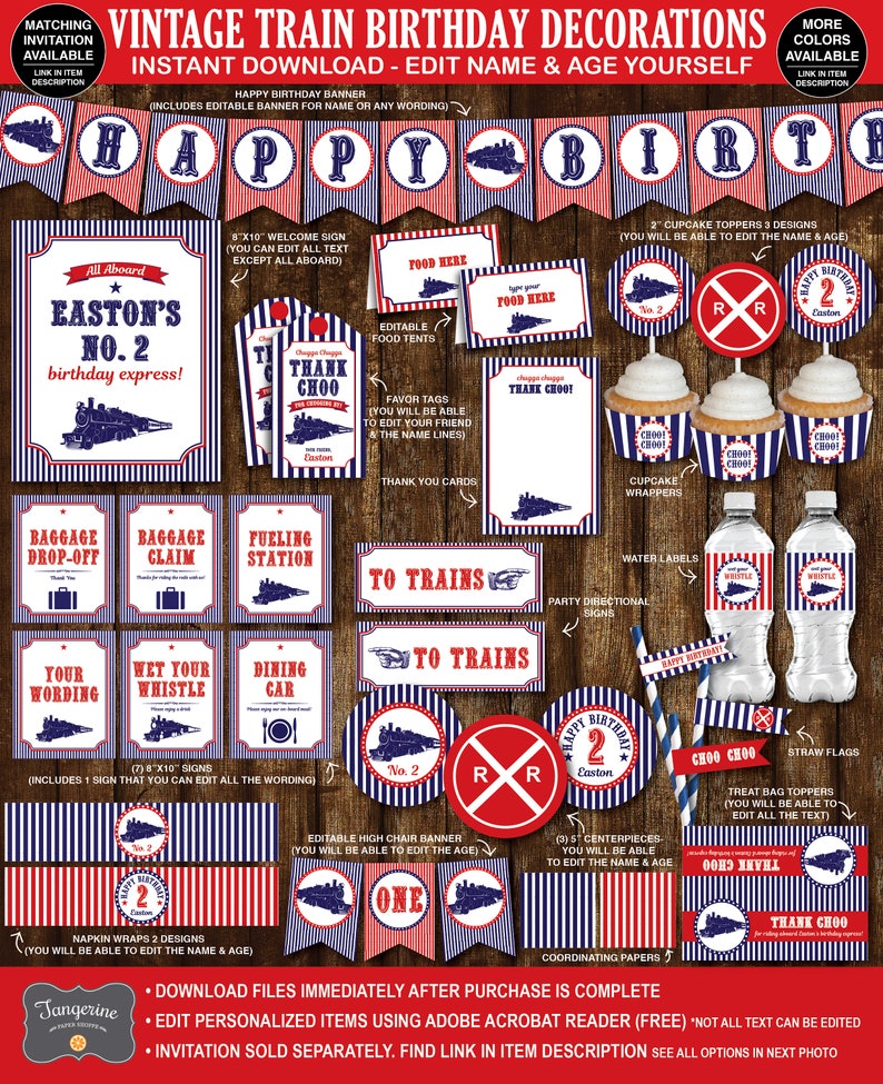 May include: Vintage train birthday party decorations printable set. Includes editable banner, welcome sign, food tents, cupcake toppers, water bottle labels, treat bag toppers, straw flags, high chair banner, and napkin wraps. All items feature a red, white, and blue color scheme with a train theme.