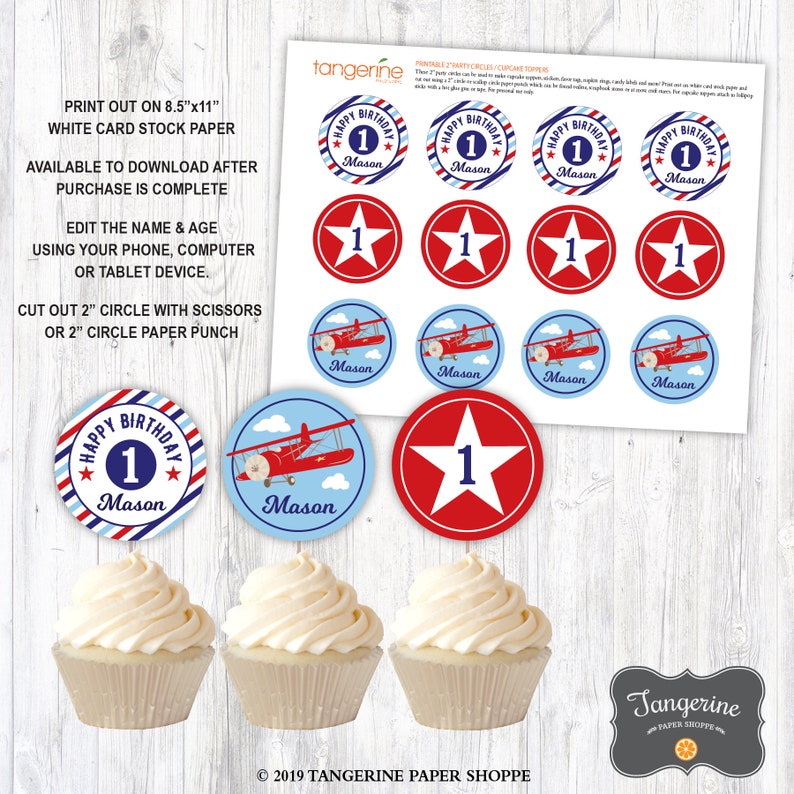 Airplane Birthday Cupcake Toppers Boy Birthday Editable Etsy