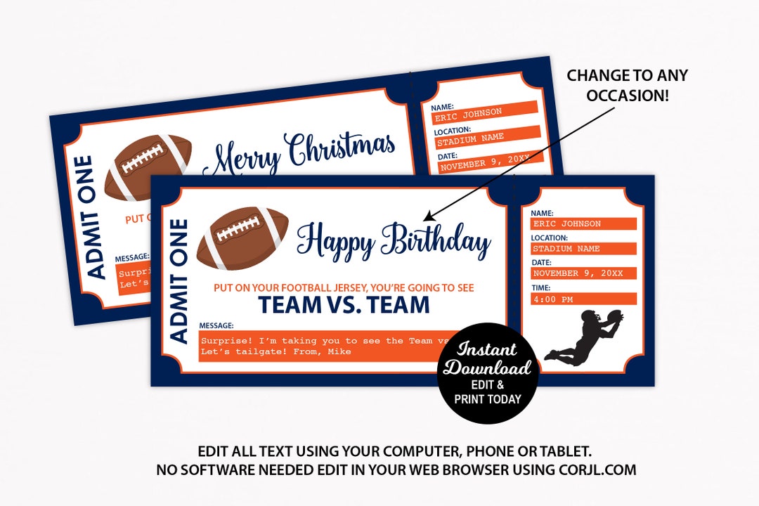 Editable Football Game Ticket, Football Gift Ticket, Denver Colors