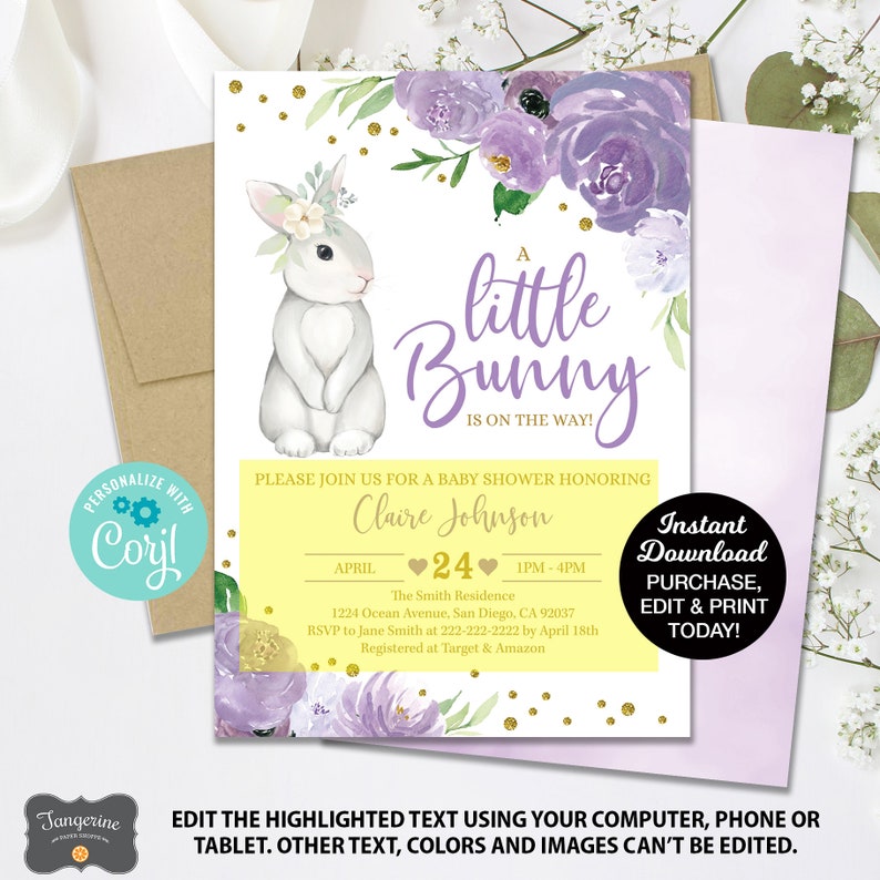 May include: A baby shower invitation with a purple and yellow color scheme. The invitation features a watercolor illustration of a white bunny with a floral crown. The text reads "A little bunny is on the way!" and includes the name "Claire Johnson" and the date "April 24".