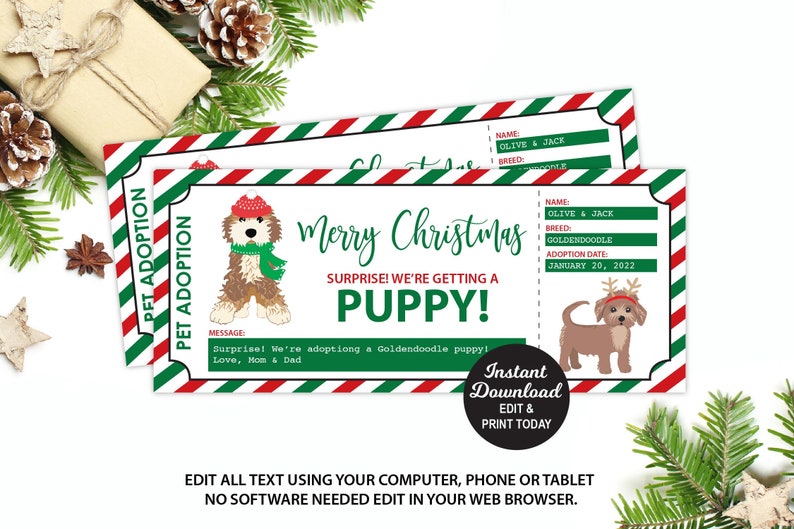 Rectangle gift ticket made to look like a real ticket. Features red, green and white diagonal stripes around the badges and cute images of puppies. Says Merry Christmas!Surprise you’re getting a puppy! Editable boxes for more information and message.