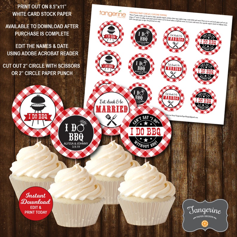 May include: Printable 2-inch round cupcake toppers with a red and white gingham pattern. The toppers feature various designs, including a grill, a heart with the words "I Do BBQ", and a crossed fork and knife with the words "Eat, drink & be married".