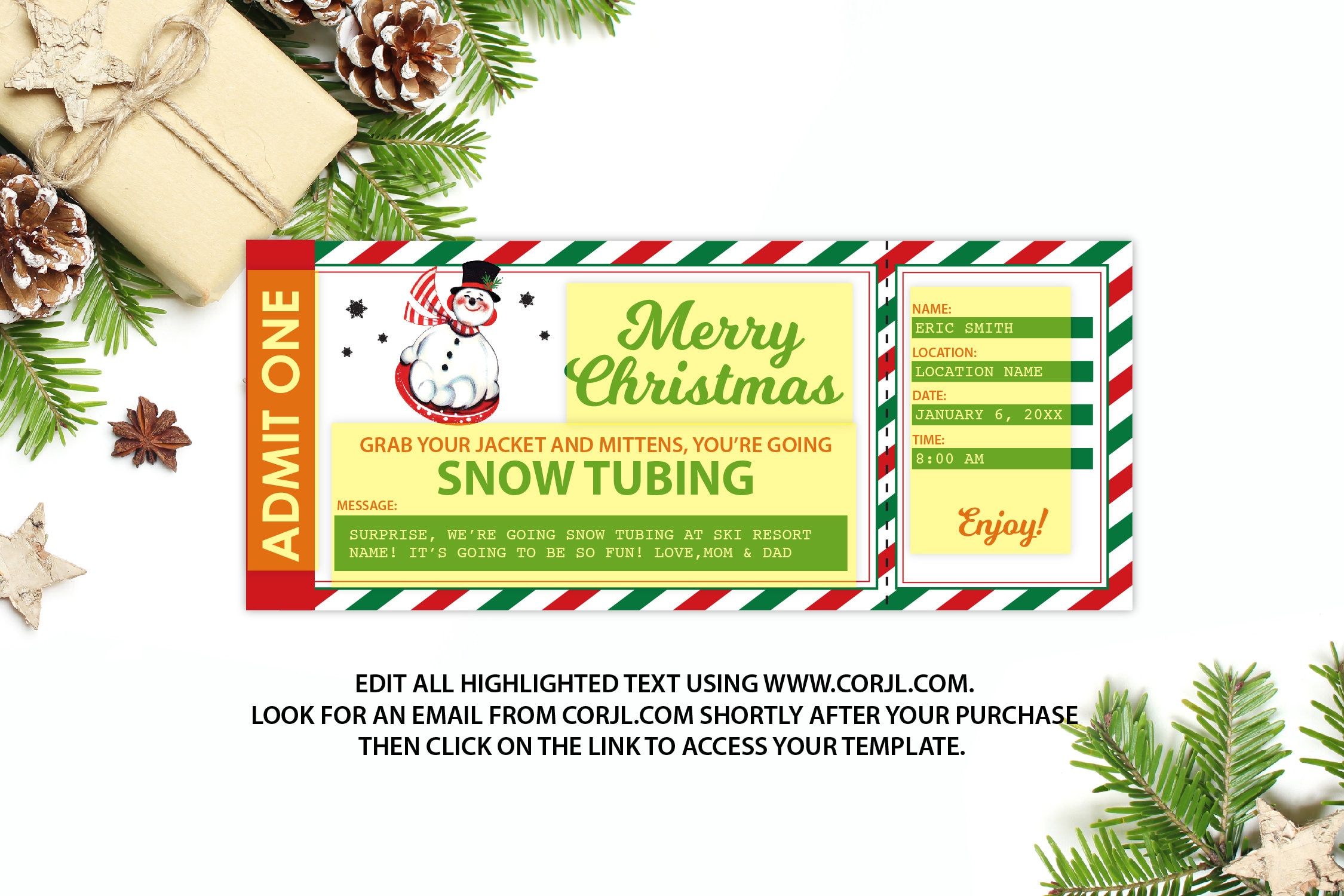 Snow Tubing Ticket Editable Christmas Gift Sledding Ticket Etsy UK