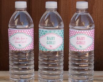 Woodland Girl Baby Shower Water Bottle Labels - Deer Baby Shower - Pink & Turquoise - INSTANT DOWNLOAD