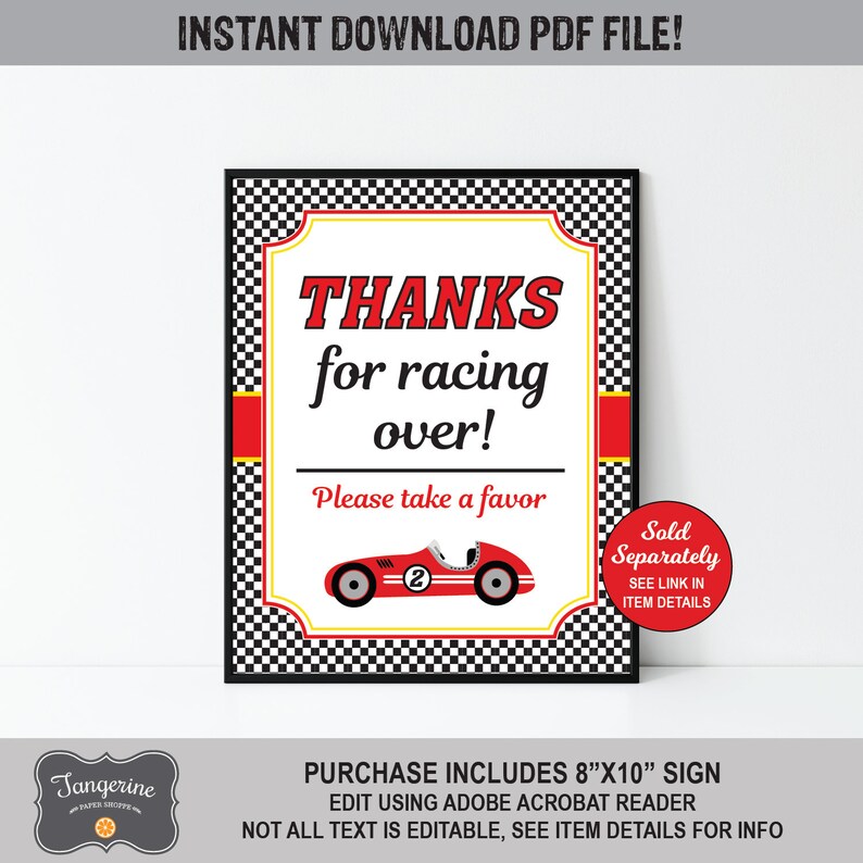 May include: A red and black checkered sign with a white border and a red race car graphic. The sign says "Thanks for racing over! Please take a favor." and "Sold Separately See Link in Item Details".