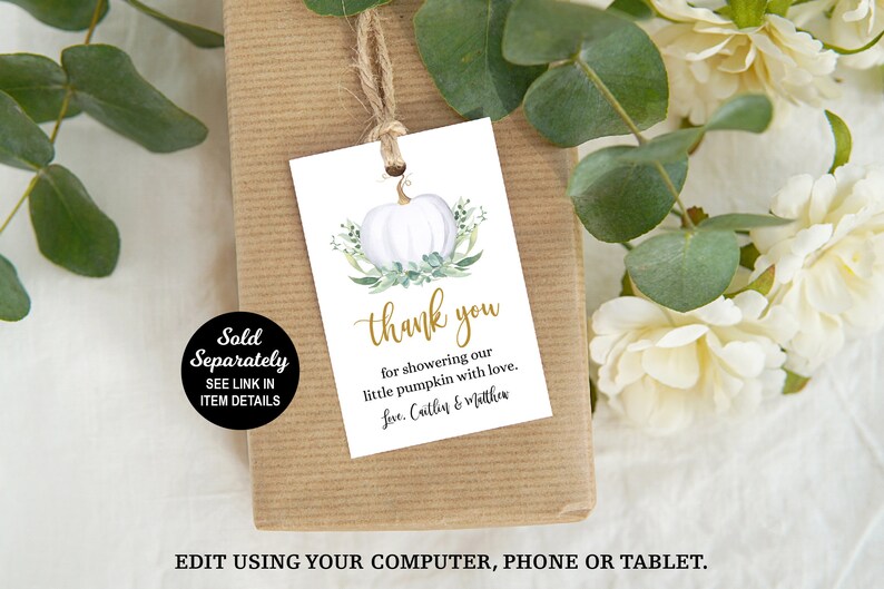White Pumpkin Baby Shower Invitation, Fall Baby Shower, Little Pumpkin, Greenery Baby Shower Invitation, Plaid, Editable Invitation image 7