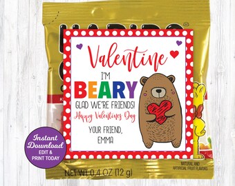 Valentine Bear Tags, I'm Beary Glad We're Friends, Candy Kid Valentine Card, Gummy Bear Valentine, Elementary Classroom School DIY Editable