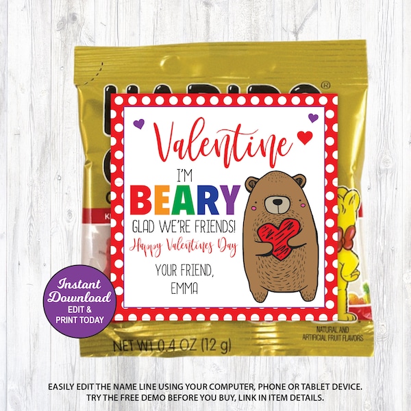 Valentine Bear Tags, I'm Beary Glad We're Friends, Candy Kid Valentine Card, Gummy Bear Valentine, Elementary Classroom School DIY Editable