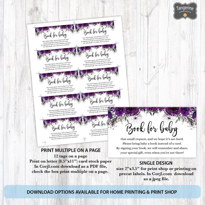 May include: Purple and silver floral design printable baby shower book request cards. The text reads "Book for Baby. One small request, and we hope it's not hard. Please bring baby a book instead of a card. By signing your book, we will remember and share, your special gift, even when you're not there!"