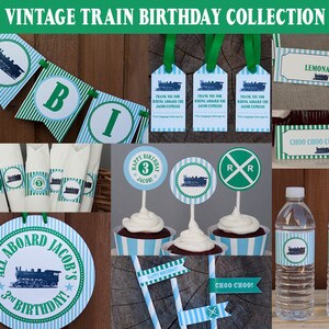 Train Birthday Invitation Printable Vintage Train Ticket Invitations Green, Aqua & Navy Blue Boy Birthday Invitation image 2