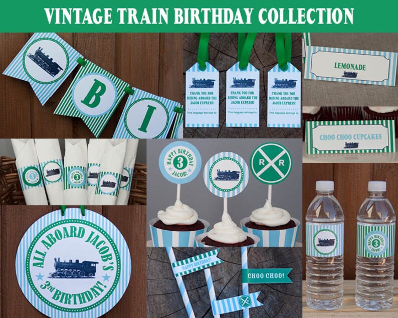 Train Birthday Invitation Printable Vintage Train Ticket Invitations Green, Aqua & Navy Blue Boy Birthday Invitation image 2