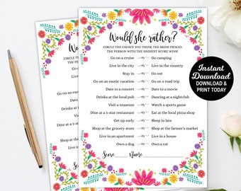 Would She Rather Game, Fiesta Bridal Shower Game, Bridal Shower Activity, Engagement Game, Instant Download