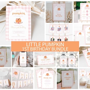 Editable Pumpkin Birthday Decorations, Girl First 1st Party Bundle Pink Gingham Little Pumpkin Birthday Invitation Fall Birthday 0019
