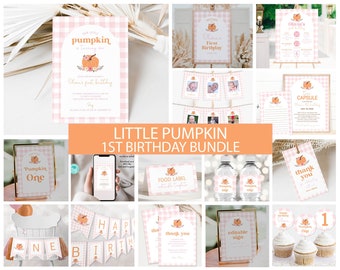 May include: A printable set of 1st birthday party decorations featuring a pink and white gingham pattern with a pumpkin theme. The set includes an invitation, food labels, thank you tags, a banner, and more.
