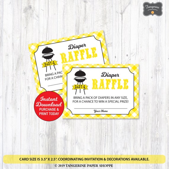 Baby Q Diaper Raffle Cards Yellow, Diaper Raffle Insert, BBQ Baby