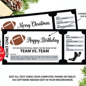 Football Game Ticket, Editable Football Gift Ticket, Christmas Gift, Birthday Football Gift, Any Occasion Gift, Surprise Ticket, Las Vegas image 1