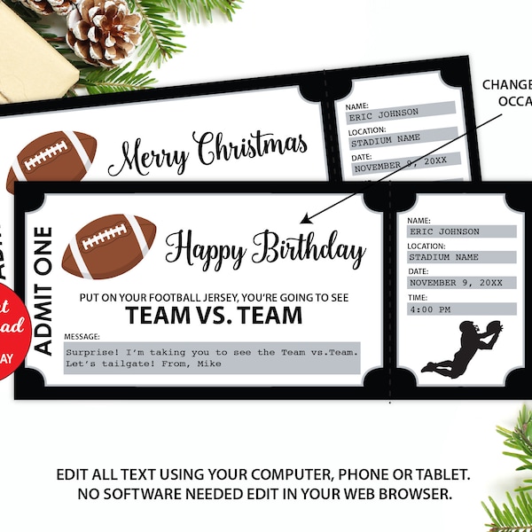 Football Game Ticket, Editable Football Gift Ticket, Christmas Gift, Birthday Football Gift, Any Occasion Gift, Surprise Ticket, Las Vegas