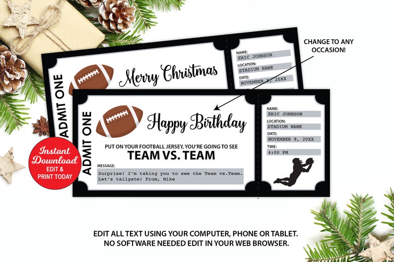 Football Game Ticket, Editable Football Gift Ticket, Christmas Gift, Birthday Football Gift, Any Occasion Gift, Surprise Ticket, Las Vegas image 1