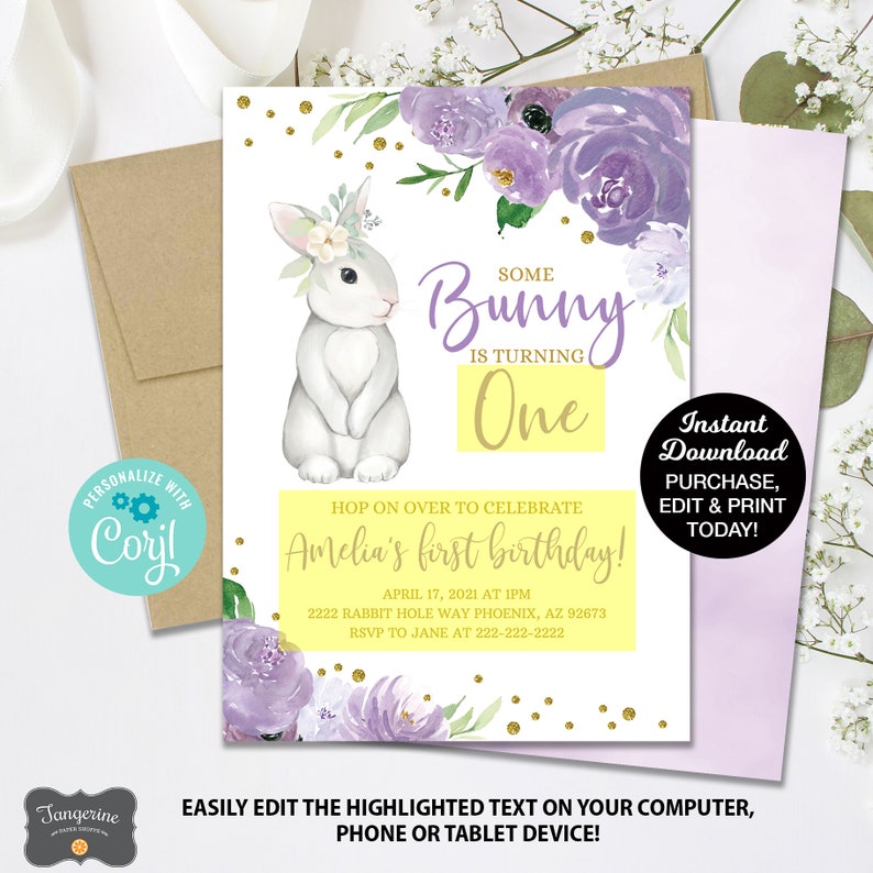 May include: A printable invitation for a first birthday party with a cute bunny rabbit illustration. The invitation has a purple and yellow color scheme with gold glitter accents. The text reads "Some Bunny is Turning One" and "Amelia's first birthday!"