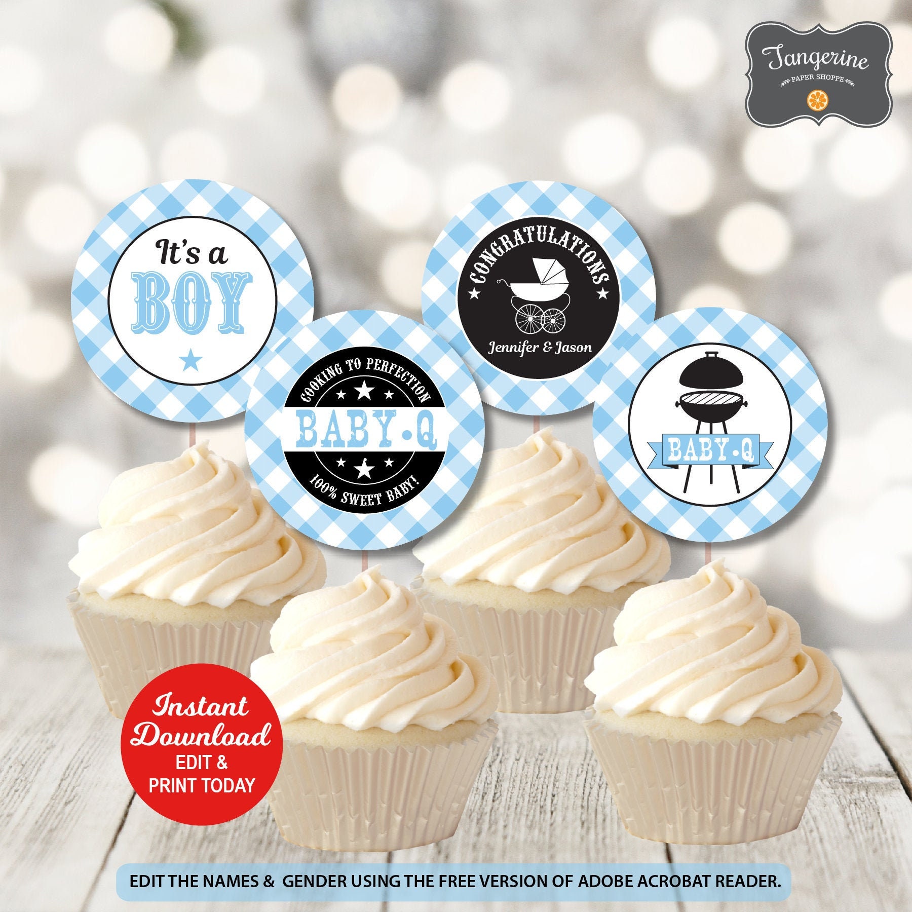 Baby Q Cupcake Toppers Light Blue, Bbq Baby Shower Cupcake Toppers, Couples Baby Shower, Printable PDF File INSTANT DOWNLOAD