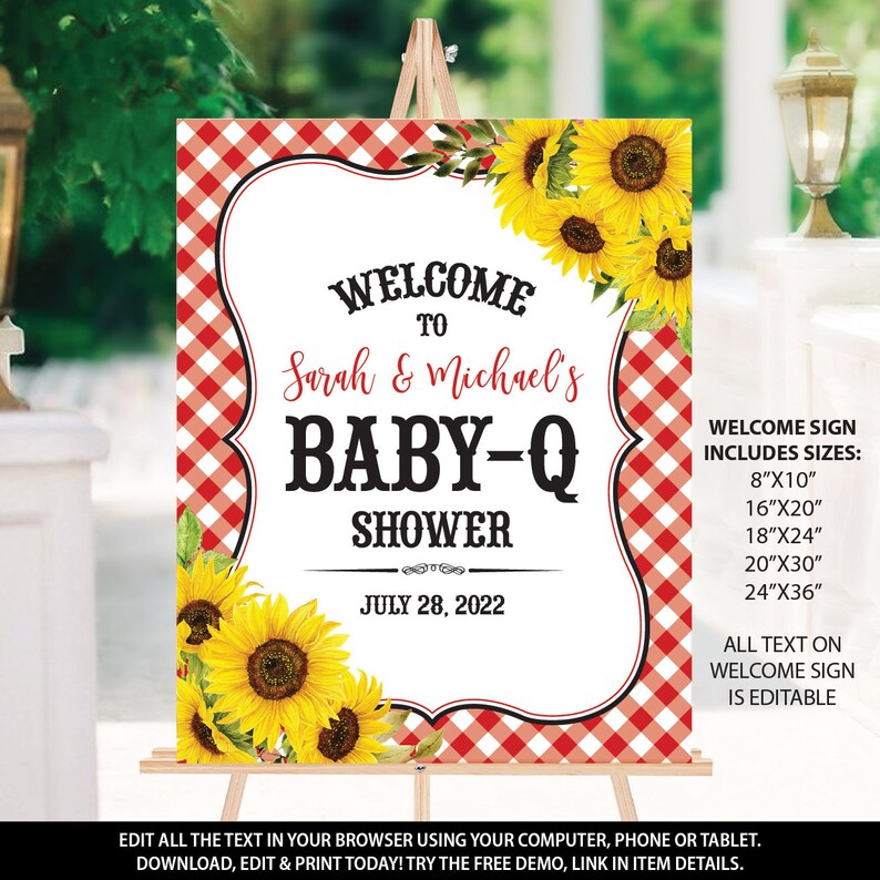 May include: Welcome sign for a baby shower with a red and white gingham background and sunflowers. The text reads "Welcome to Sarah & Michael's Baby-Q Shower July 28, 2022".