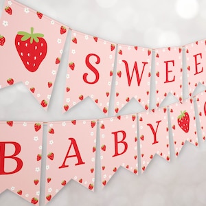 Aardbei babyshower banner, lief babymeisje feestgors aardbei feestdecoratie babymeisje direct downloaden